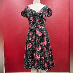 Vixen by Micheline Pitt Black and Pink Rose Spiderweb Midi Dress